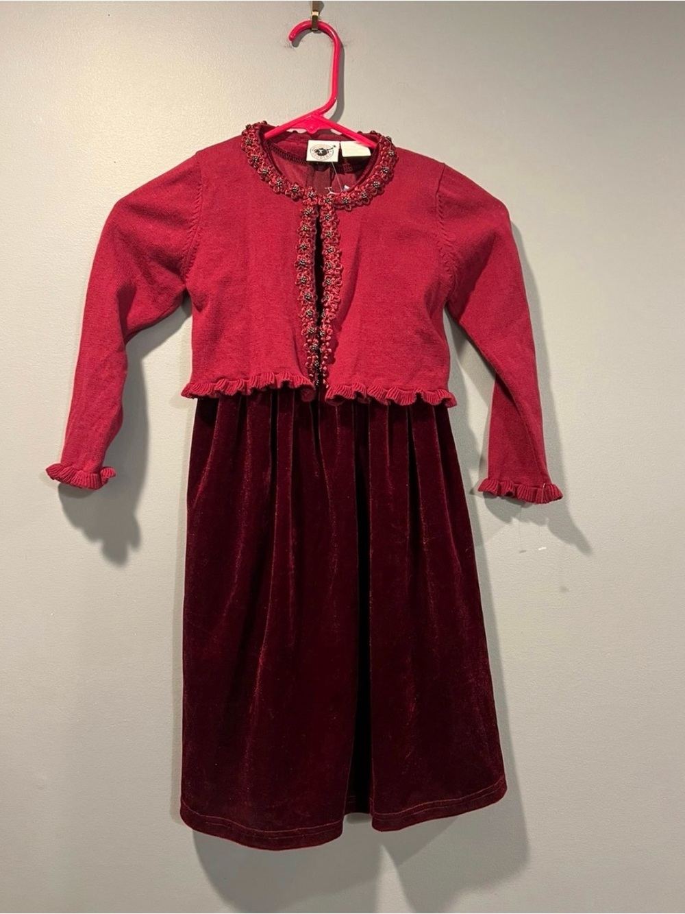 *Good Lad Burgundy Velvet Dress with Red Knit Cardigan